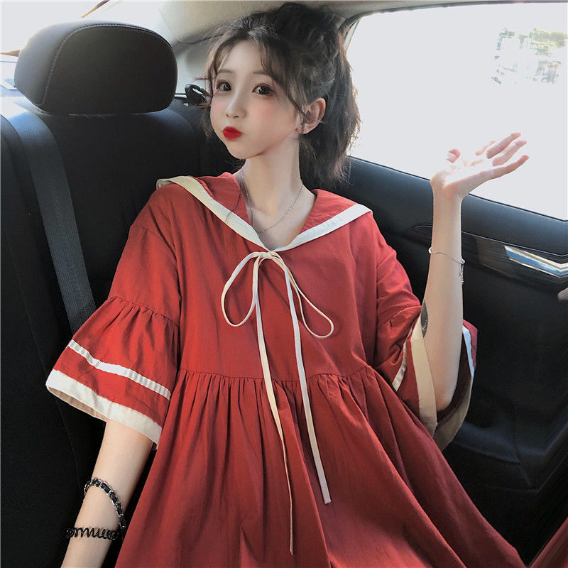 Dress Female Summer Student College Style Korean Version Loose Navy Collar Flared Sleeve Cute Sweet Dress Small