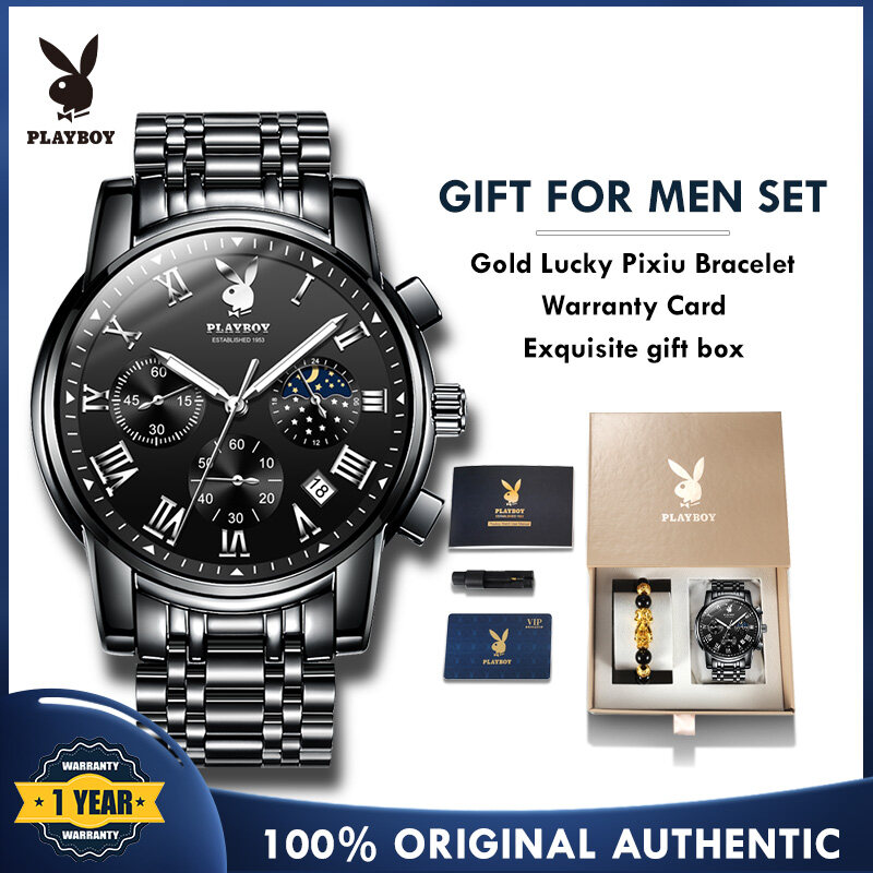【Buy 1 Take 1】American PLAYBOY Original Authentic Watch For Men 2022 Fashion New Waterproof Calendar Luminous Multifunction Chronograph Stainless Steel Casual Quartz Watch Set Gift Bracelet