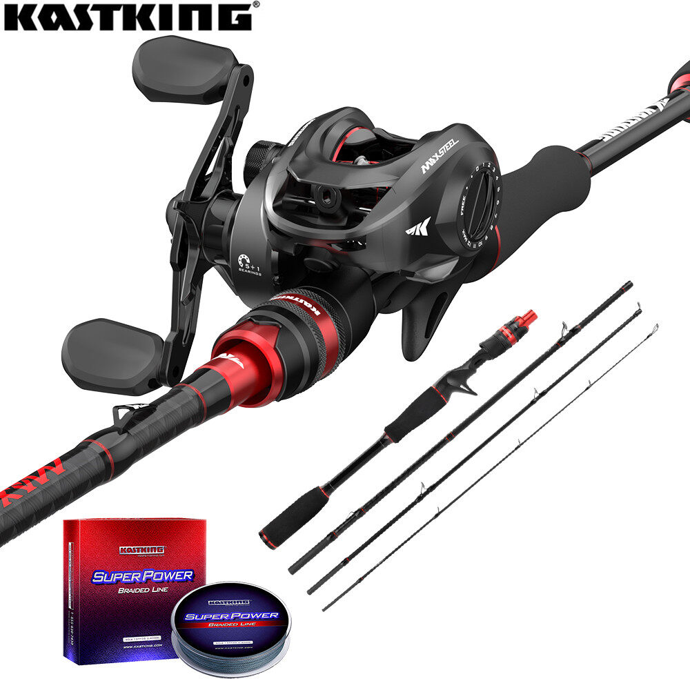 KastKing Fishing Rod and Reel Combo Set Max Steel Portable 4 Sections Fishing Rod with Max Steel Baitcasting Reel and SuperPower 137m PE Braided Fishing Line for Freshwater Salwater Bass Pike Fishing