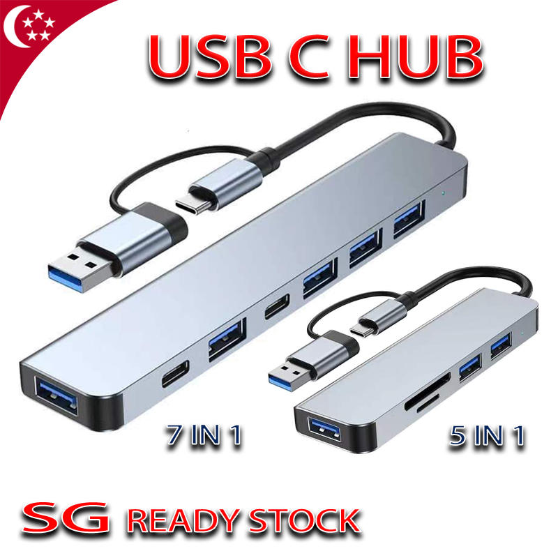 SG[READY STOCK] USB C Hub Multiple USB Splitter USB HUB 7 in 1 Converter Adapter Docking Station Speed USB 3.0 HUB OTG Printer for Laptop PC USB C Hub Type C to USB 3.0/PD New Arrival USB HUB
