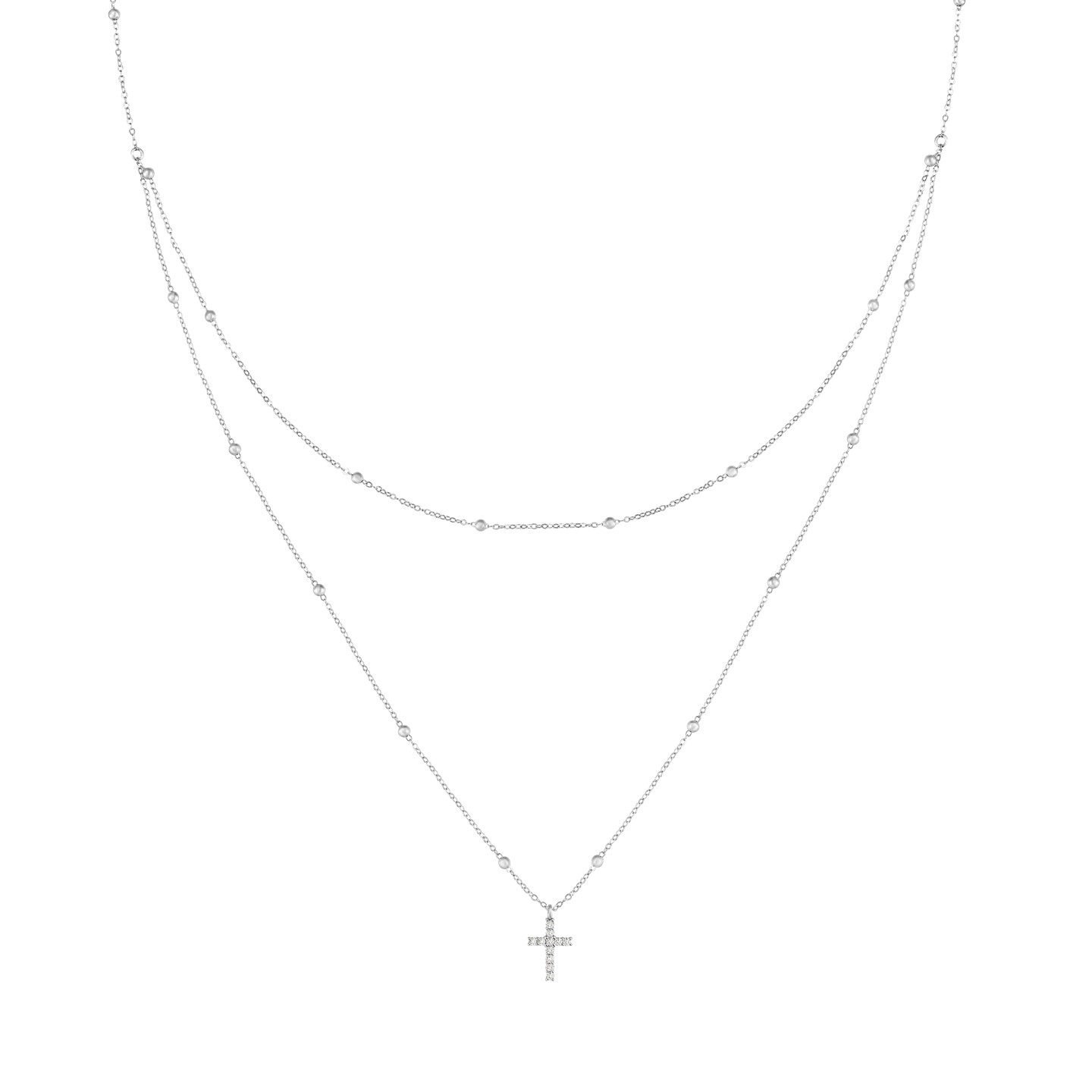 Goldheart Classic 18K White Gold Diamond Cross Layered Necklace