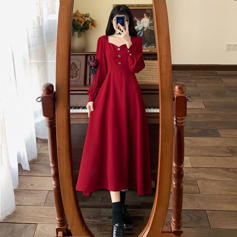 Dresses for Women Fat Mm Waist Slim Black Long Sleeve Dress Plus Size Hepburn French Square Collar Dress Women's