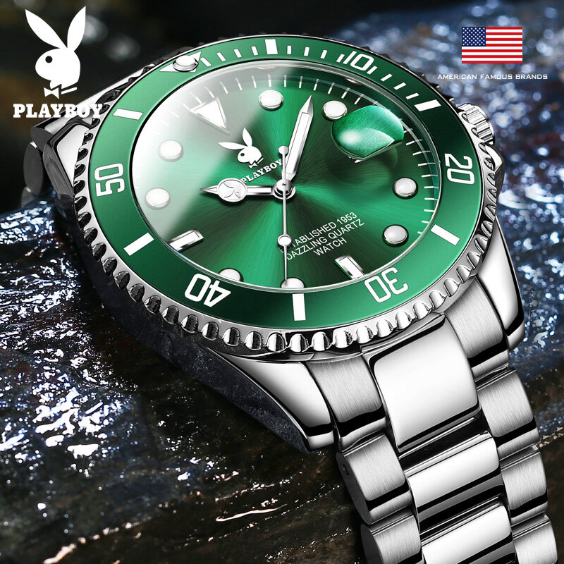 PLAYBOY Watch for men 2022 Original Deep Waterproof Luminous Calendar Fashion Green Water Ghost Design Stainless Steel Strap Diving Watch