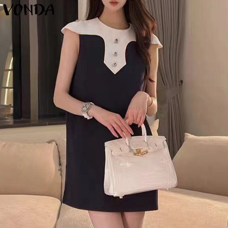 MASHYCHIC VONDA Women's Commute Sleeveless O-Neck Mini Dresses (Korean Floral)