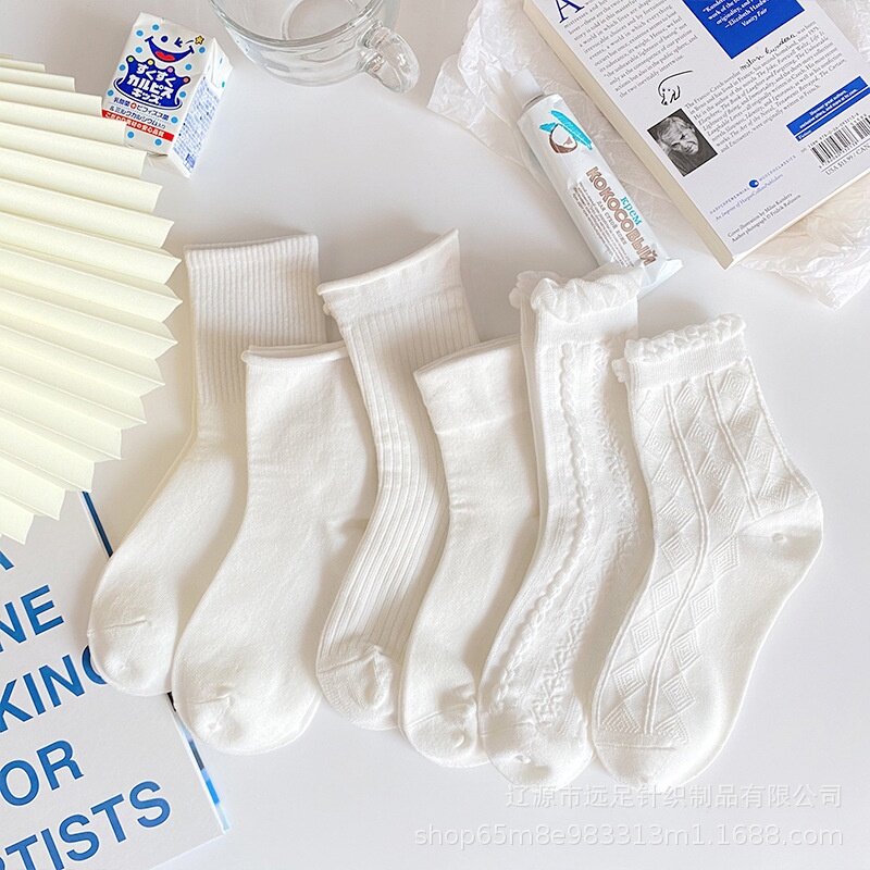 Loita Pure White Socks Women Mid-tube Socks Cute Japanese Bubble Mouth Lace Stockings JK Uniform Wild Socks