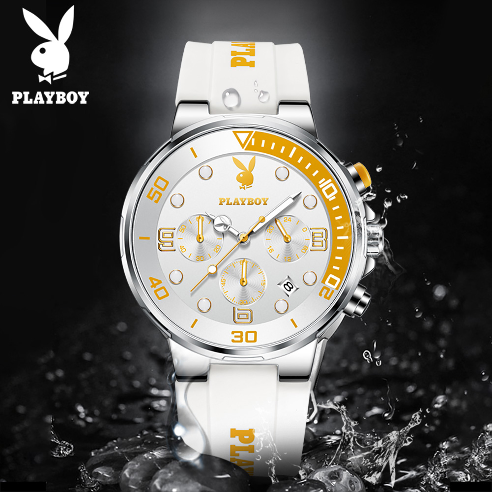 American brand PLAYBOY watch for men 2022 original genuine fashion water proof luminous calendar multifunction 43mm big dial rubber watch strap men's quartz casual watch