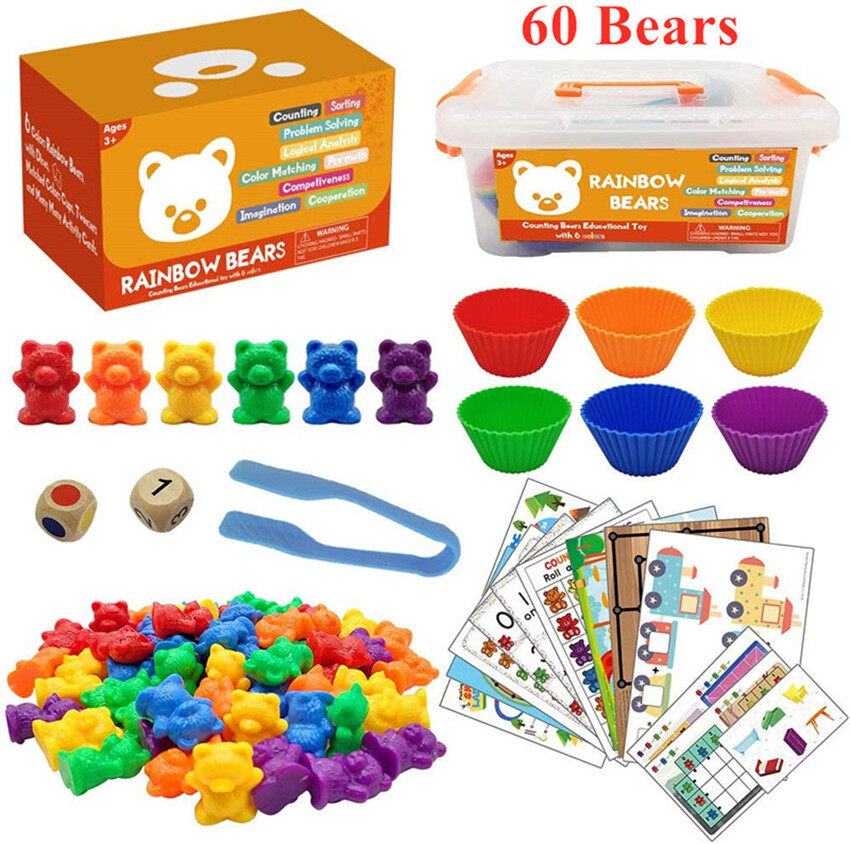 Moulty Counting Bears with Stacking Cups - Montessori Educational Sorting Rainbow Toys For 3 Year Old Boys and Girls with 60 Preschool Math Manipulatives, Toy Storage and Toddler Games Book