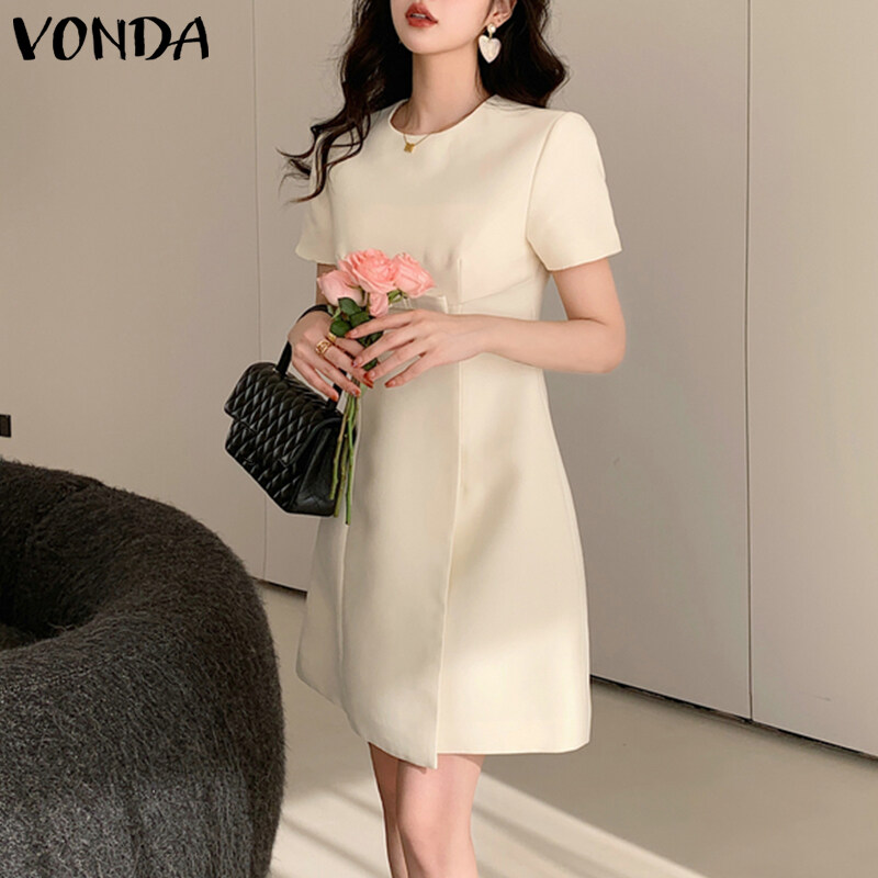 MASHYCHIC VONDA Women's Business Leisure O Neck A-Line Dresses OL Work Short Sleeve Sundress (Korean Causal)