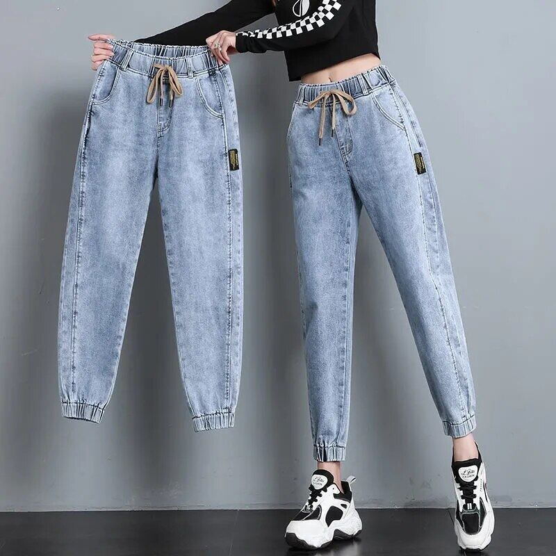 2021 New Women Denim Trousers Large Size Spring Autumn Elastic Waist Ladies Jeans Korean Style Casual Stretch Vintage Ankle-Length Pants