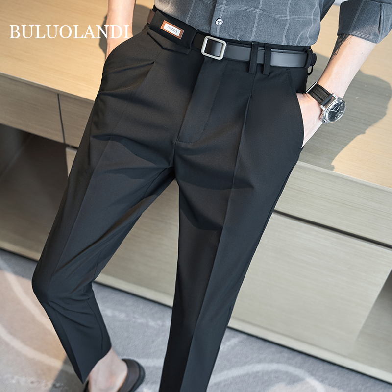 BULUOLANDI Summer Fashion Mens Pants Slim Fit Business Casual Long Trousers Office Men's Skinny Suit Pants Solid Color Trousers 28-36